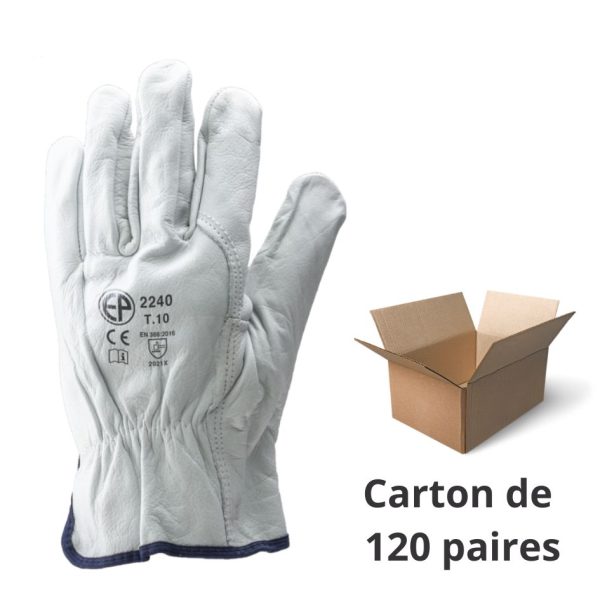Gants de manutention EN388 cuir tout fleur de buffle - carton de 120 paires