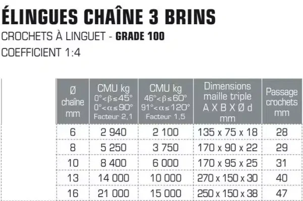 Élingue chaîne 3 brins Grade 100 avec crochets à linguet – Image 2