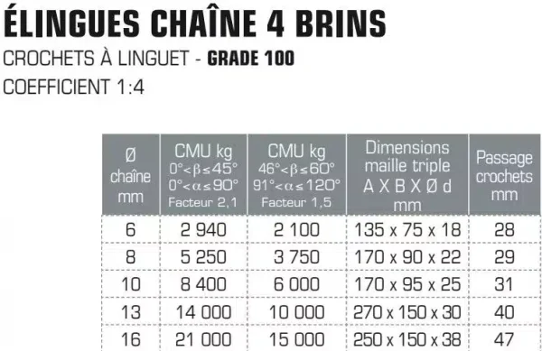 Élingue chaîne 4 brins Grade 100 avec crochets à linguet – Image 2