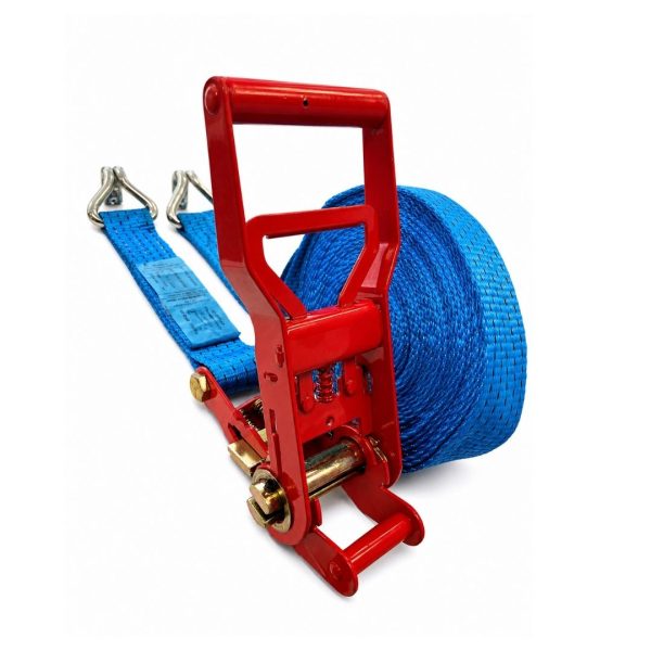 sangle d'arrimage largeur 50 mm, crochets doigts rapproches et cliquet à tension démultipliée, bleu