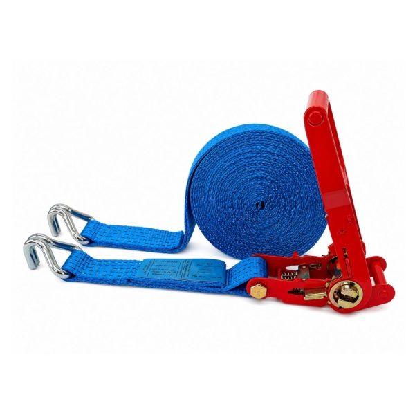 sangle d'arrimage largeur 50 mm, crochets doigts rapproches et cliquet à tension démultipliée bleue