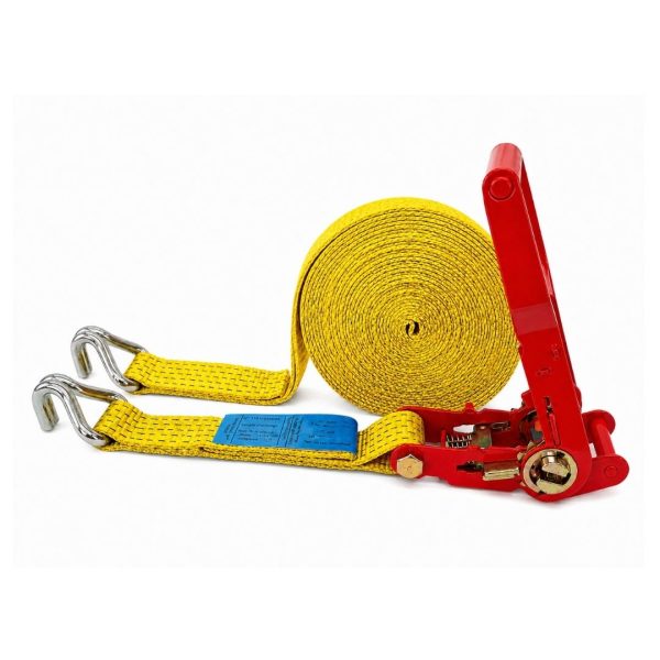sangle d'arrimage largeur 50 mm, crochets doigts rapproches et cliquet à tension démultipliée jaune