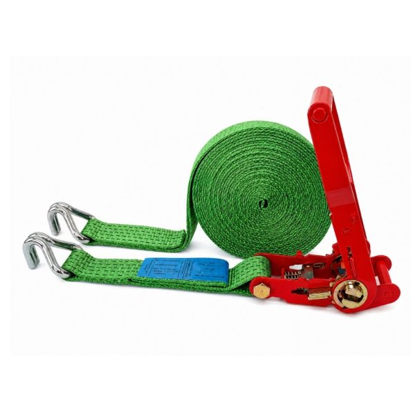 sangle d'arrimage largeur 50 mm, crochets doigts rapproches et cliquet à tension démultipliée verte