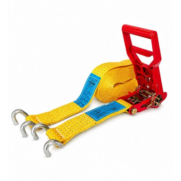 sangle d'arrimage largeur 50 mm, 2 parties avec cliquet à tension démultipliée et crochets doigts écartés EN 12195-2 - jaune