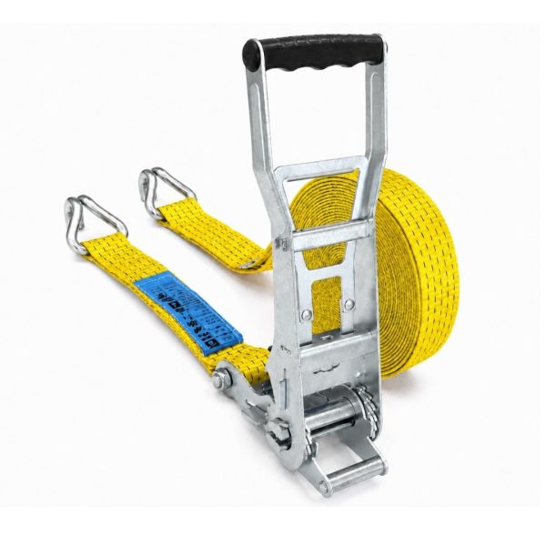 sangle d'arrimage largeur 50 mm, deux parties, avec tendeur inversé et crochets doigts rapprochés. EN 12195-2 -JAUNE