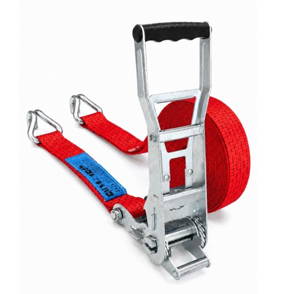 sangle d'arrimage largeur 50 mm, deux parties, avec tendeur inversé et crochets doigts rapprochés. EN 12195-2 -ROUGE