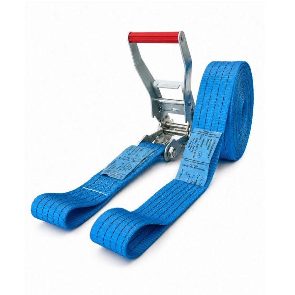sangle d'arrimage largeur 50 mm, bleue, cliquet standard et boucles cousues. EN 12195-2