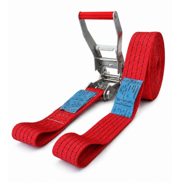 sangle d'arrimage largeur 50 mm, ROUGE, cliquet standard et boucles cousues. EN 12195-2