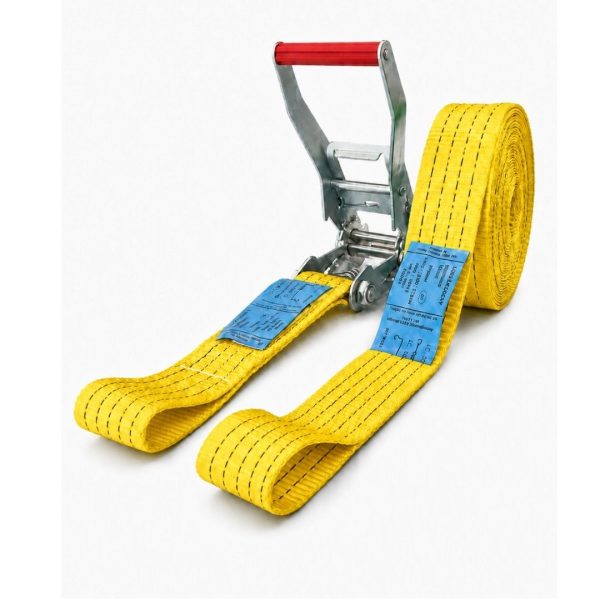 sangle d'arrimage largeur 50 mm, JAUNE, cliquet standard et boucles cousues. EN 12195-2