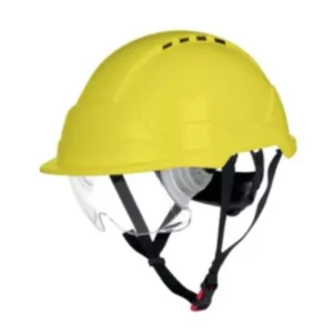 Casque ventilé avec lunettes intégrées, jugulaire 4 points, réglage à crémaillère - Jaune