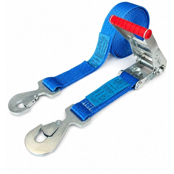 sangle d'arrimage largeur 50 mm, crochet plat a linguet. en 12195-2. bleue