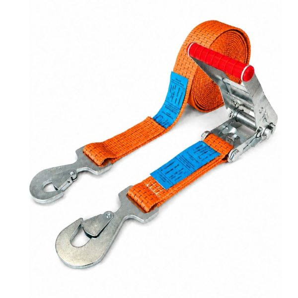 sangle d'arrimage largeur 50 mm, crochets plats a linguet, EN 12195-2. ORANGE