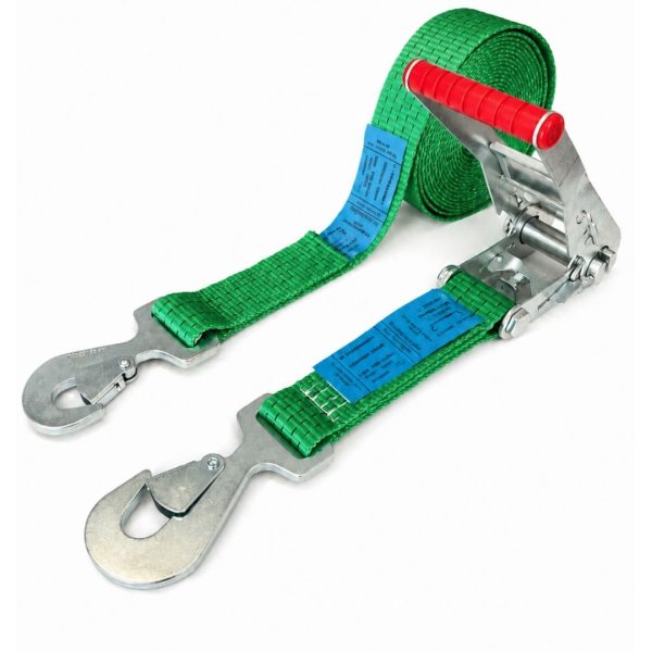 sangle d'arrimage largeur 50 mm, crochets plats a linguet, EN 12195-2. verte