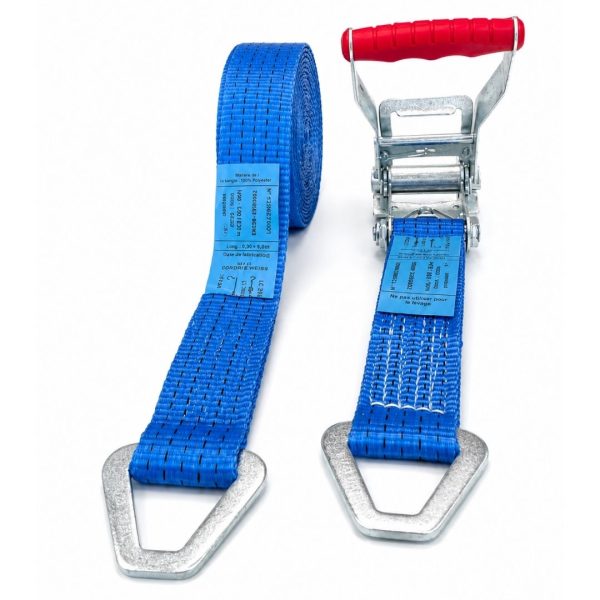 sangle d'arrimage largeur 50 mm, crochets triangulaires. BLEU. EN 12195-2.