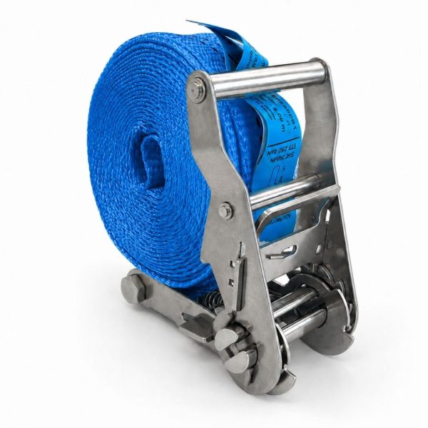 sangle d'arrimage largeur 35 mm, ceinture, cliquet inox. EN 12195-2 bleue