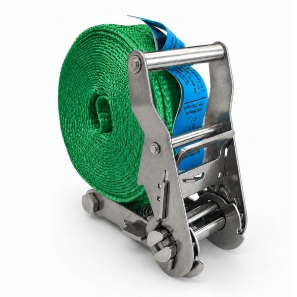 sangle d'arrimage largeur 35 mm, ceinture, cliquet inox. EN 12195-2 verte