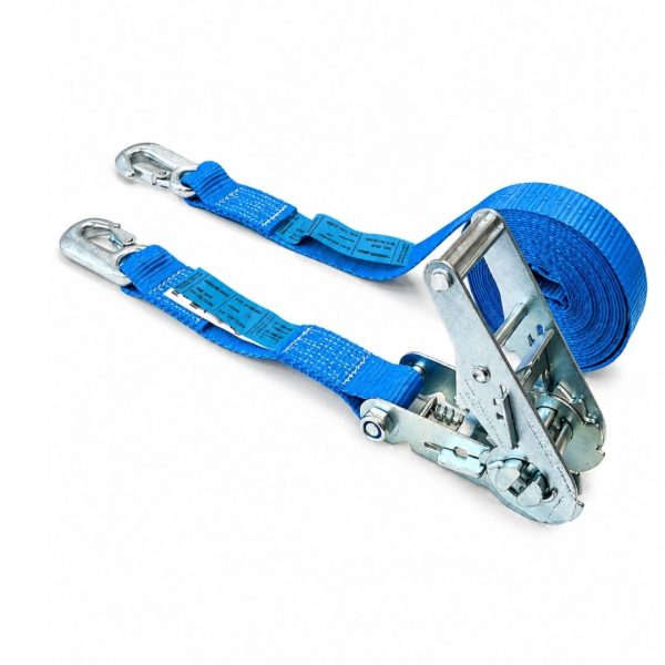 sangle d'arrimage largeur 35 mm EN12195-2, cliquet renforcé et crochets linguet. bleu