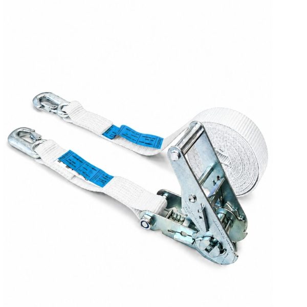 sangle d'arrimage largeur 35 mm EN12195-2, cliquet renforcé et crochets linguet. blanche