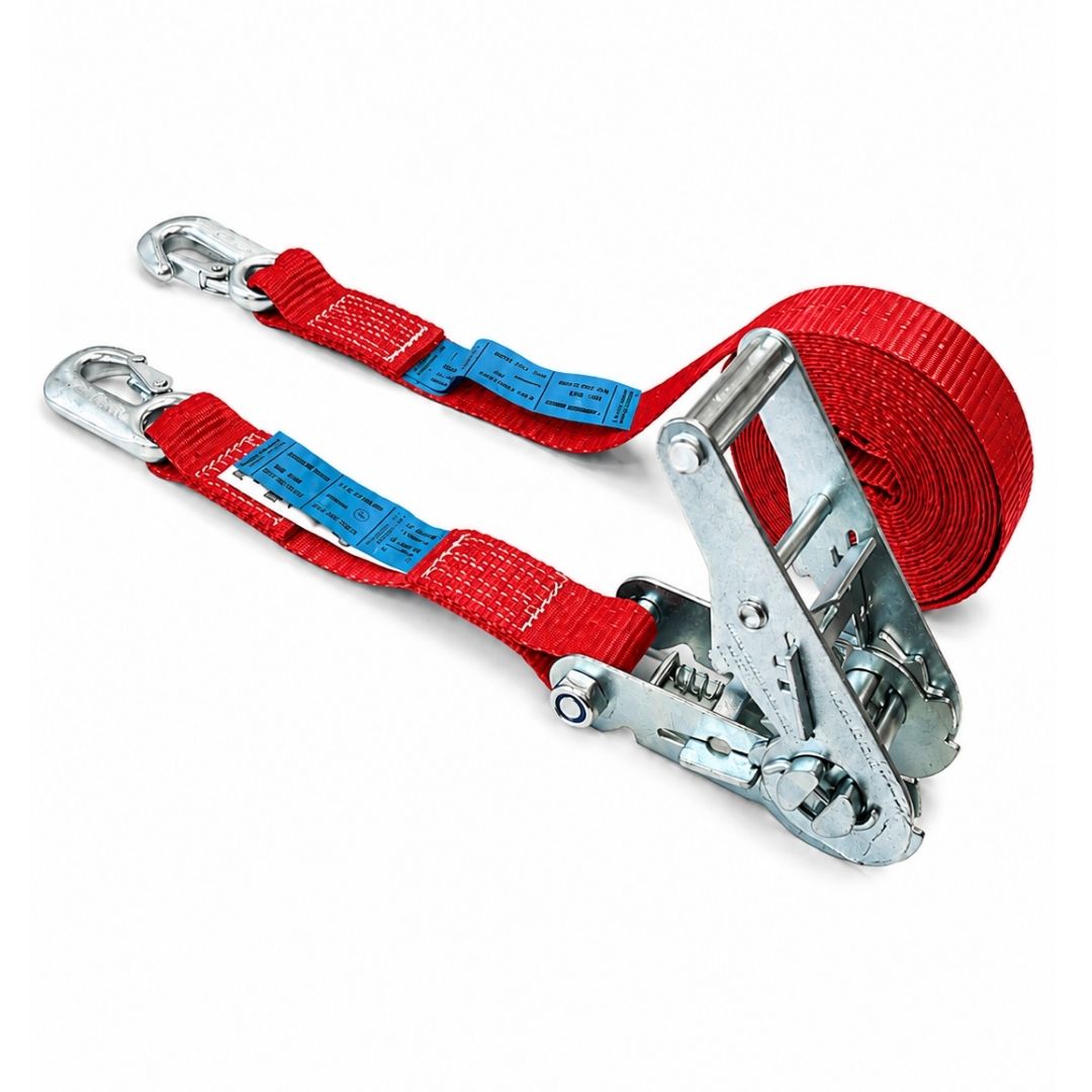 sangle d'arrimage largeur 35 mm EN12195-2, cliquet renforcé et crochets linguet. rouge