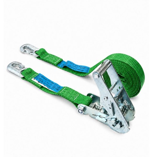 sangle d'arrimage largeur 35 mm EN12195-2, cliquet renforcé et crochets linguet. verte